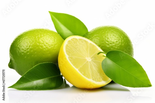Vibrant green lemon with leaves, isolated on white background for culinary and healthy concepts