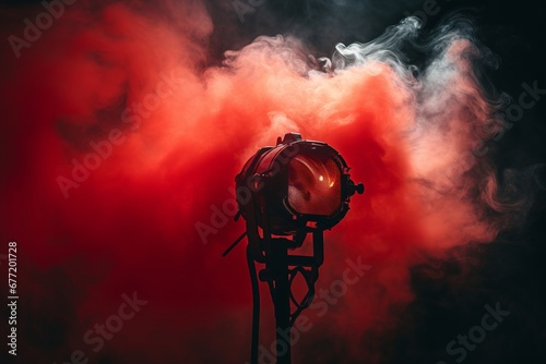 Enchanting stage atmosphere with red spot light piercing through dense fog for a dramatic impact