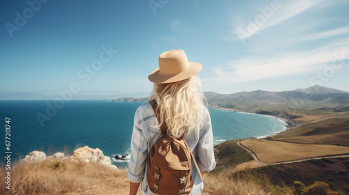 Blond hair woman with backpack enjoy beautiful nature landscape in North. Northern Fjord. Ocean and mountain. Tourist landmark. Amazing scenic outdoors view. Travel, adventure, lifestyle. Generated AI
