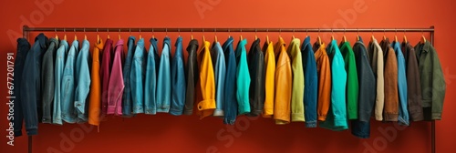 Vibrant and fashionable clothing collection hanging on colorful clothing rack in a stylish closet