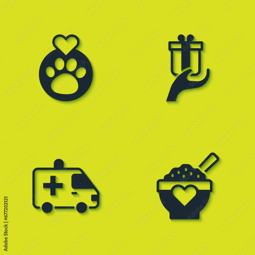 Set Heart with animals footprint, Donation food, Ambulance car and Give gift icon. Vector Set Heart with animals footprint, Donation food, Ambulance car and Give gift icon. Vector