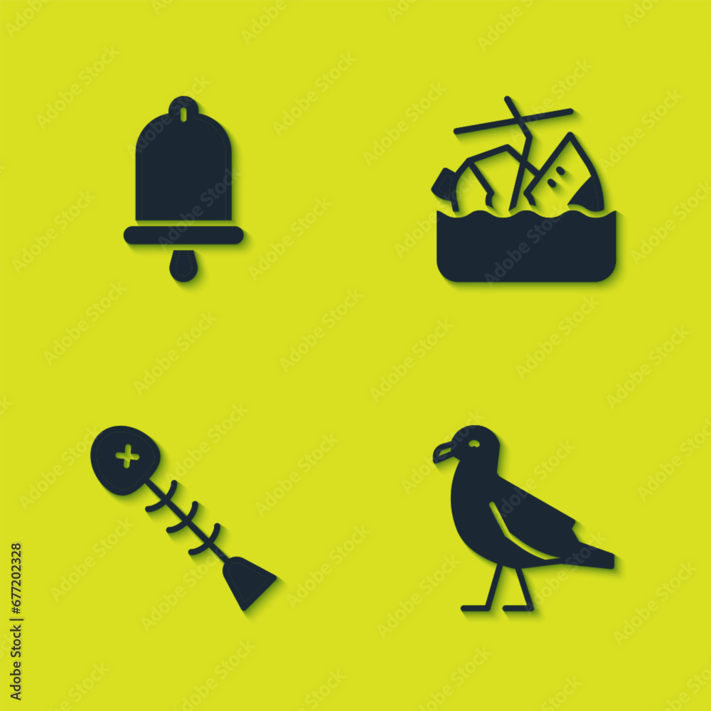 Set Ship bell, Bird seagull, Dead fish and Sinking cruise ship icon. Vector Set Ship bell, Bird seagull, Dead fish and Sinking cruise ship icon. Vector