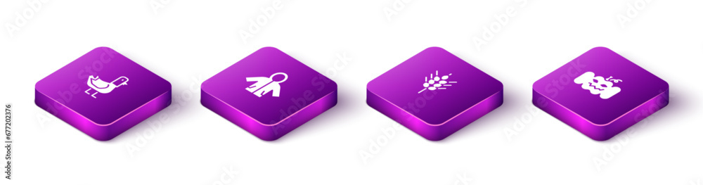 Set Isometric Dove, Raincoat, Wheat and Pumpkin icon. Vector Set Isometric Dove, Raincoat, Wheat and Pumpkin icon. Vector