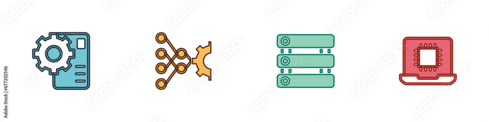 Set Neural network, Server, Data and Processor CPU icon. Vector