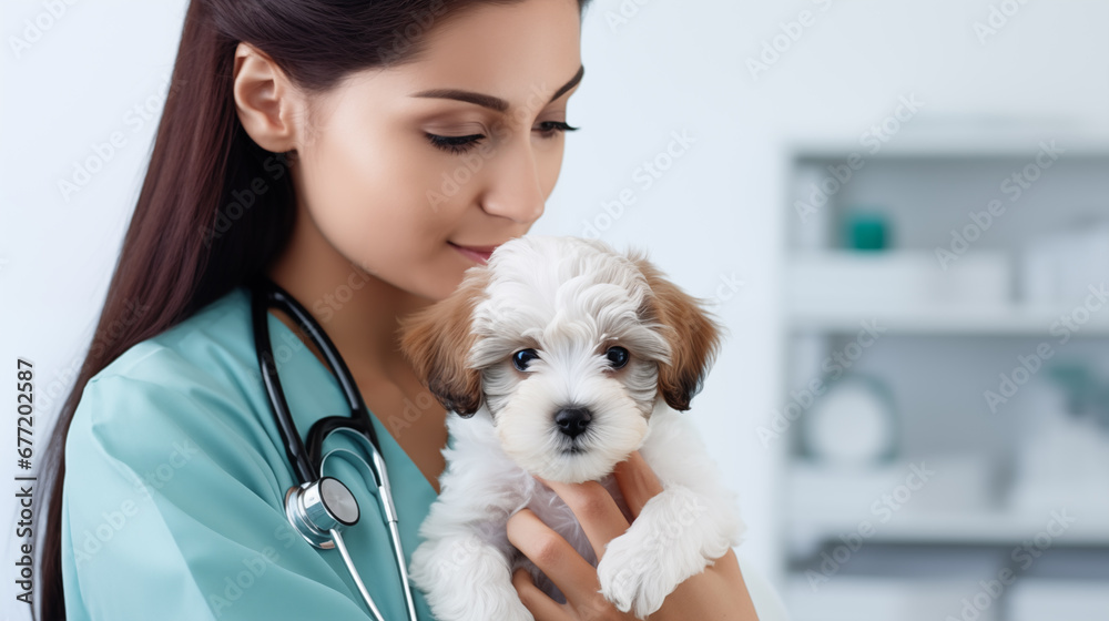 handsome female veterinarian doctor with stethoscope holding cute dog puppy in arms in veterinary clinic handsome female veterinarian doctor with stethoscope holding cute dog puppy in arms in veterinary clinic