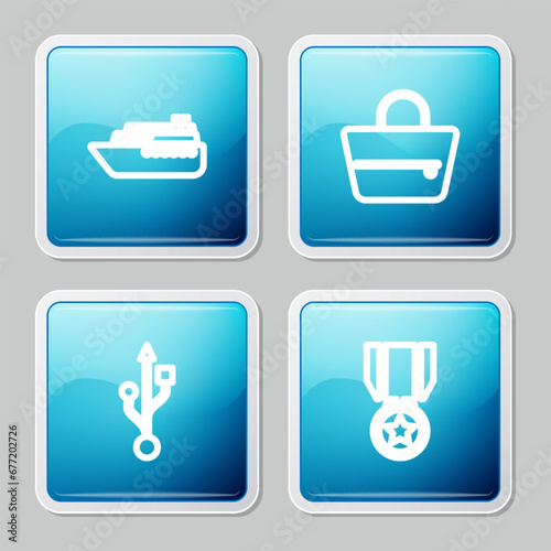 Set line Ship, Handbag, USB and Medal with star icon. Vector