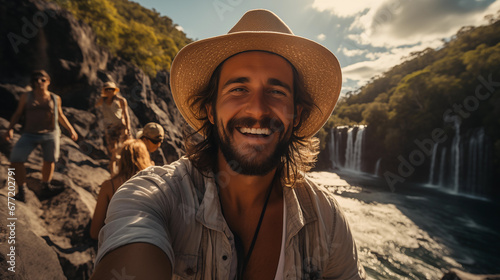 smiling young traveler tourist man. Handsome man taking selfie