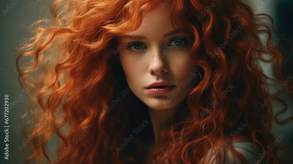 Face young adult sunshine woman with red curly hair look at camera. Beautiful ginger girl portrait. Serious female face. Green bright eyes. Pretty confident person. No make up concept. Natural beauty.