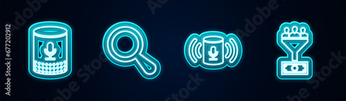Set line Voice assistant, Magnifying glass, and Lead management. Glowing neon icon. Vector