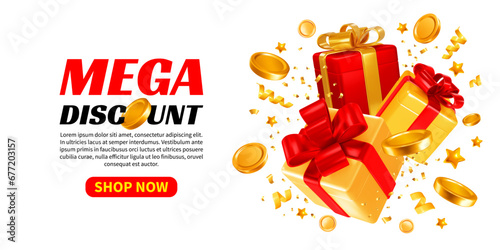 3D realistic luxury red and gold gift boxes with golden coins and holiday tinsel on white background. Advertising banner template of sale, giveaways, shopping with mega discount. Vector illustration photo