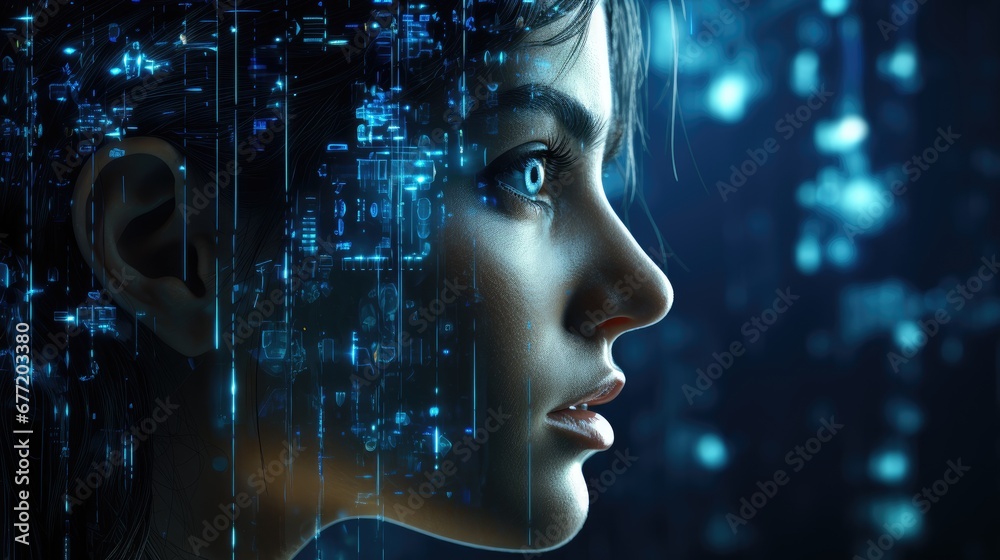 Cyberhumanoid girl robot with blue eyes and binary code represents AI, artificial intelligence and future technology.