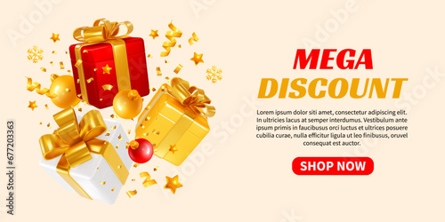 3D realistic red, gold, white gift boxes with balls, tinsel on light background. Advertising banner template of Christmas and New Year sale, giveaways, shopping with mega discount. Vector illustration