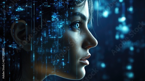 Cyberhumanoid girl robot with blue eyes and binary code represents AI  artificial intelligence and future technology.