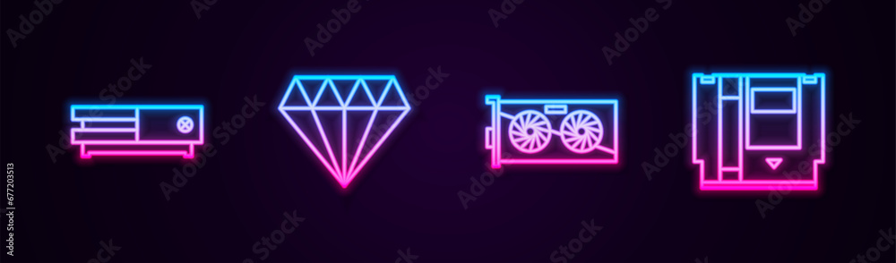 Set line Video game console, Diamond, graphic card and Cartridge. Glowing neon icon. Vector Set line Video game console, Diamond, graphic card and Cartridge. Glowing neon icon. Vector