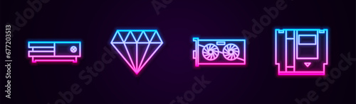 Set line Video game console, Diamond, graphic card and Cartridge. Glowing neon icon. Vector