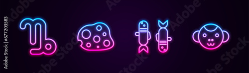 Set line Capricorn zodiac, Asteroid, Pisces and Monkey. Glowing neon icon. Vector