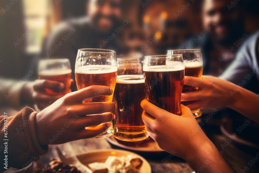 Brindis en un bar con copas de cerveza.