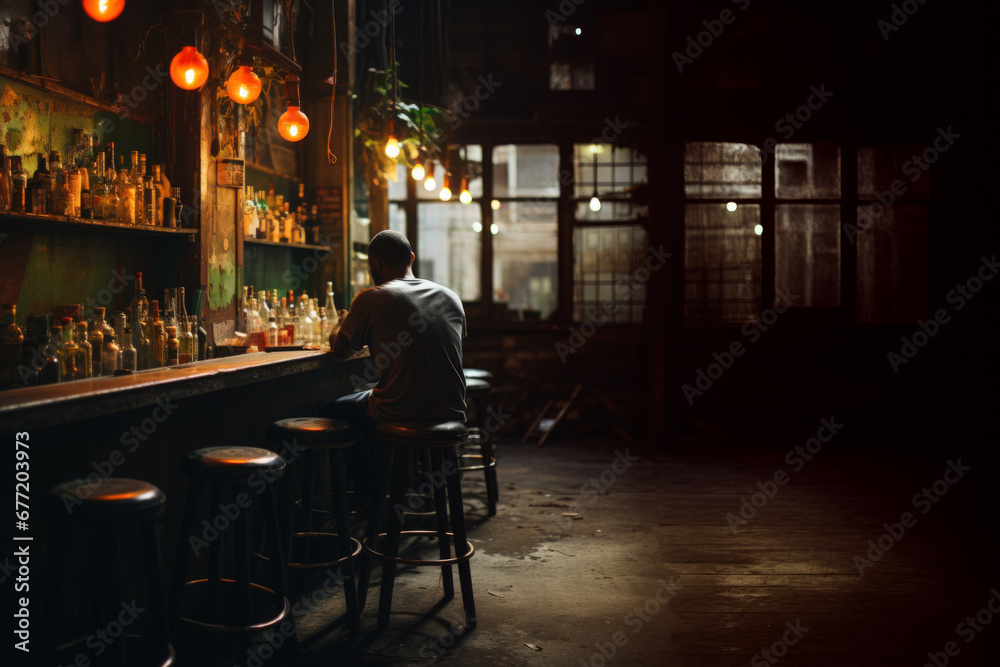 A lonely man on the cocktail bar on the Singles Awareness Day