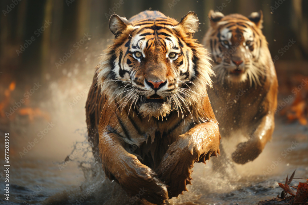 Running tigers in the jungle - a symbol of International Tiger Day