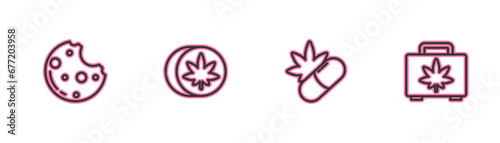 Set line Cookies with marijuana, Medical pills, Herbal ecstasy tablets and Shopping box of icon. Vector