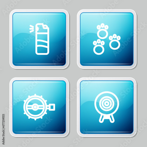 Set line Pepper spray, Paw print, Trap hunting and Target sport icon. Vector