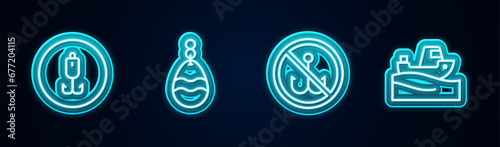 Set line Fishing hook, spoon, No fishing and boat water. Glowing neon icon. Vector