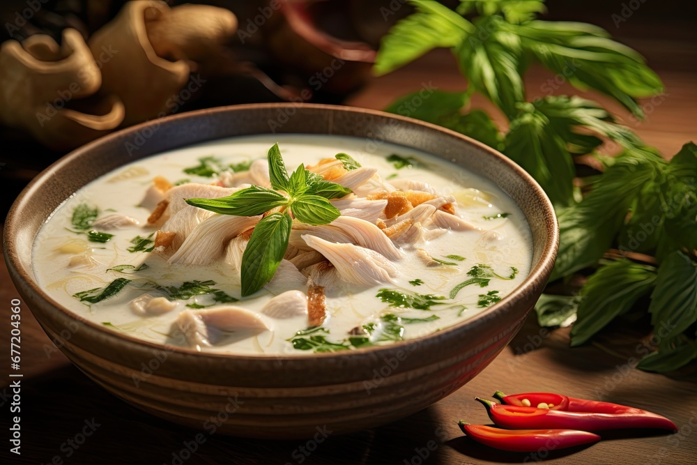 Closeup of creamy chicken soup tom kha with fresh mushrooms, red chili garnish. Perfect for culinary presentations.