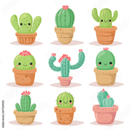 Vector illustration set of cute kawaii cactus.