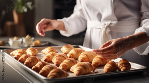 A woman is cooking croissants. Prepare for baking. Delicious traditional french crispy croissants for breakfast. Homemade bakery, cuisine for family. Girl chef work on kitchen table. Generated AI