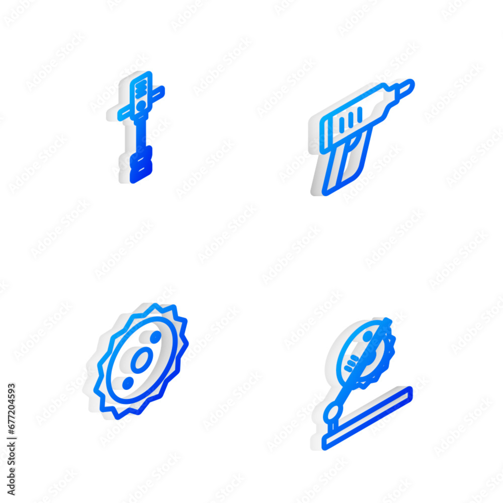 Set Isometric line Electric cordless screwdriver, Electrical hand concrete mixer, Circular saw blade and Table for woodwork icon. Vector Set Isometric line Electric cordless screwdriver, Electrical hand concrete mixer, Circular saw blade and Table for woodwork icon. Vector