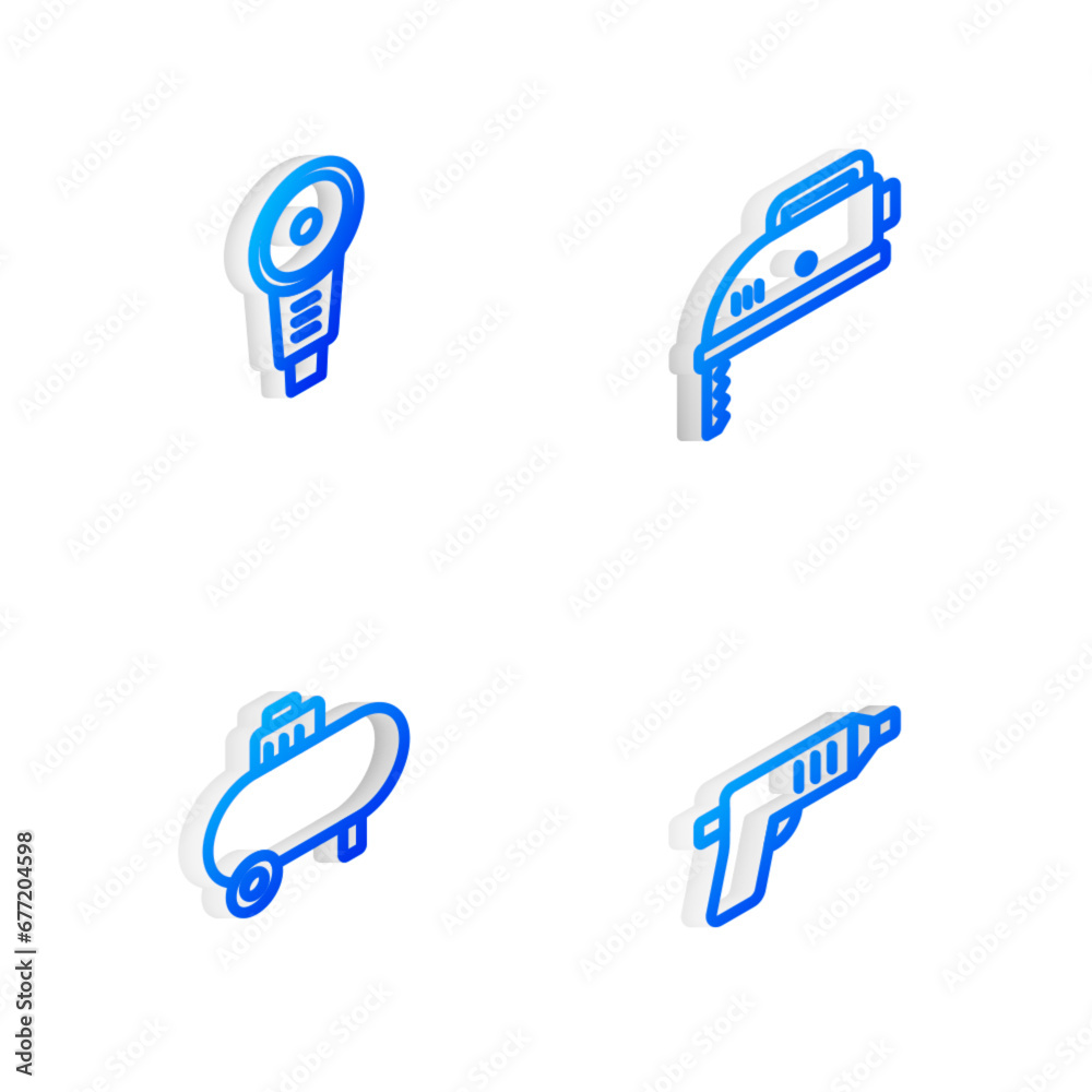 Set Isometric line Electric jigsaw, Angle grinder, Air compressor and cordless screwdriver icon. Vector Set Isometric line Electric jigsaw, Angle grinder, Air compressor and cordless screwdriver icon. Vector
