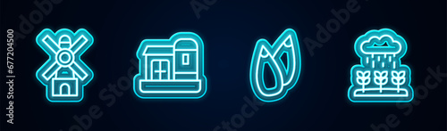 Set line Windmill, Farm house, Seed and Plant sprouts grow the rain. Glowing neon icon. Vector