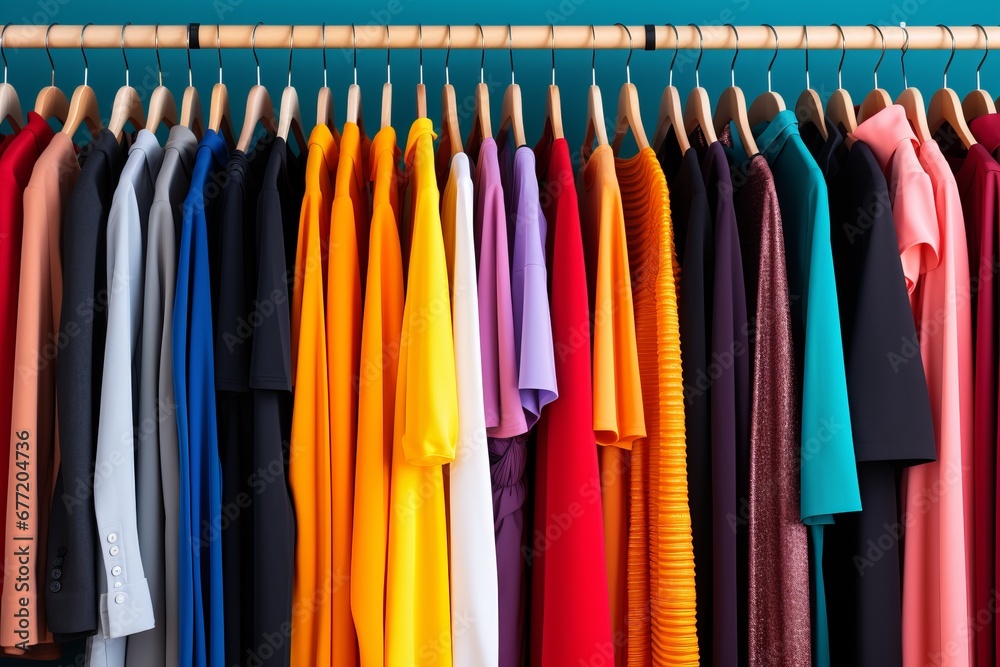 Vibrant and fashionable assortment of clothes hanging on colorful clothing rack in stylish closet