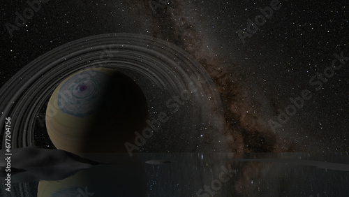 Saturn and its ring is over a smooth sea with milky way in background (3D Rendering)