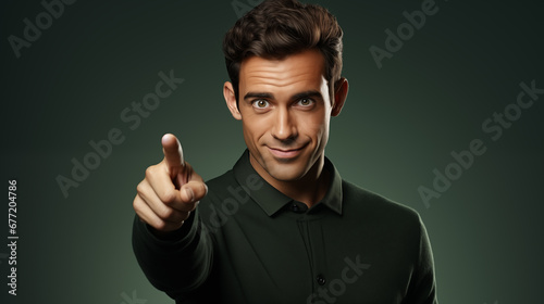 A man in an dark green wear on an dark background. He was showing a point sign with his hand. copy space for text.