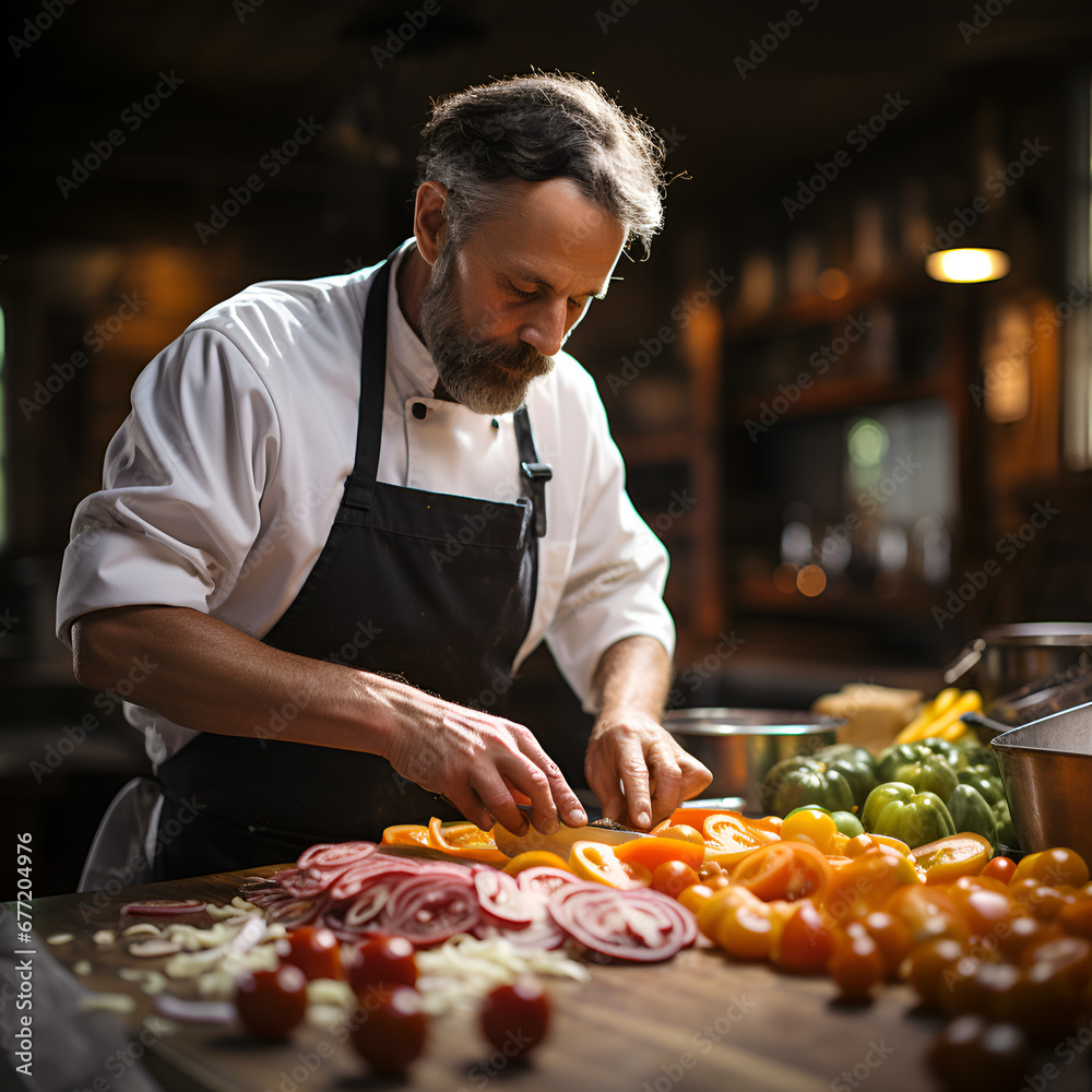 Chef slicing fresh tomatoes for a salad