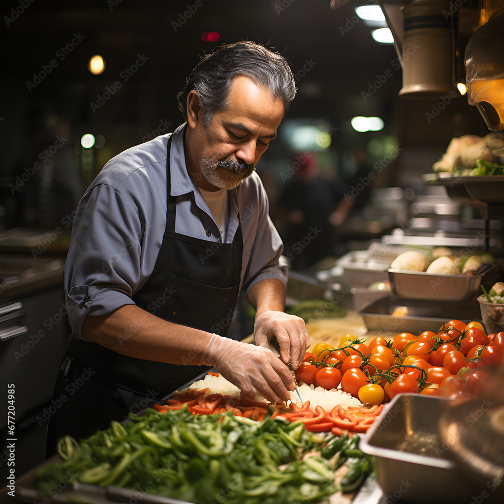 Chef slicing fresh tomatoes for a salad Chef slicing fresh tomatoes for a salad