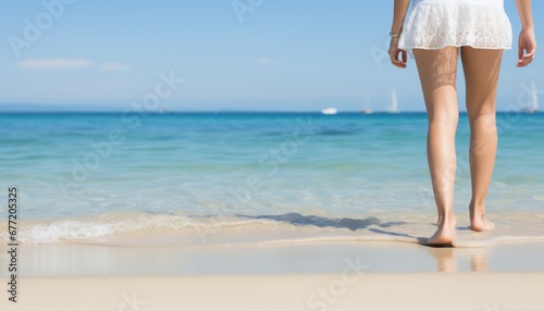 Tranquil beach travel scene with a closeup of a woman gracefully walking on the soft sand beach