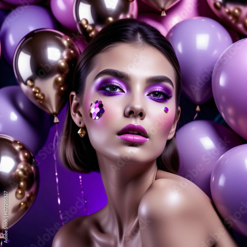 Birthday decor and celebration. Retro girl with stylish violet makeup and hair. Fashion woman with many violet air balloons. Balloon party on violet studio background. Generative AI. © F@natka