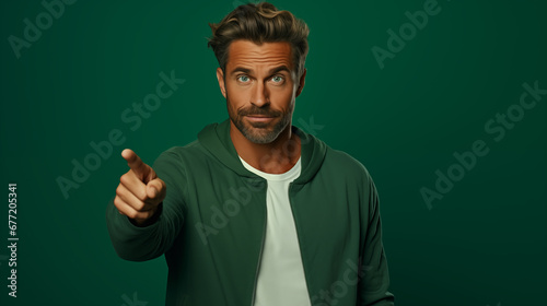 A man in an green wear on an green background. He was showing a point sign with his hand. copy space for text.