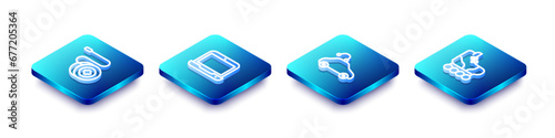 Set Isometric line Yoyo toy, Laptop, Radio controlled car and Roller skate icon. Vector