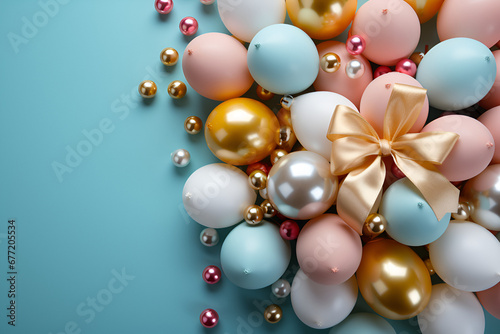 Colorful easter eggs with ribbon on blue background, top view, Easter party concept