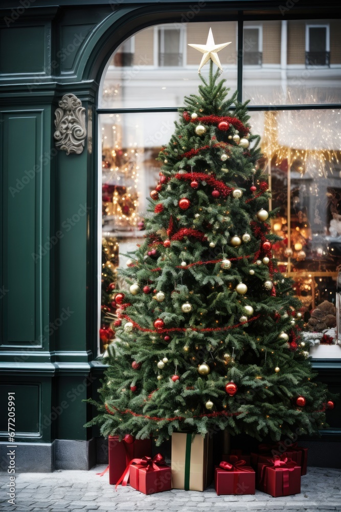 A vertical photograph of a Christmas tree entices viewers with its festive charm. A Christmas tree with gifts underneath proudly adorns the front of the store, giving passersby a festive charm. A vertical photograph of a Christmas tree entices viewers with its festive charm. A Christmas tree with gifts underneath proudly adorns the front of the store, giving passersby a festive charm.