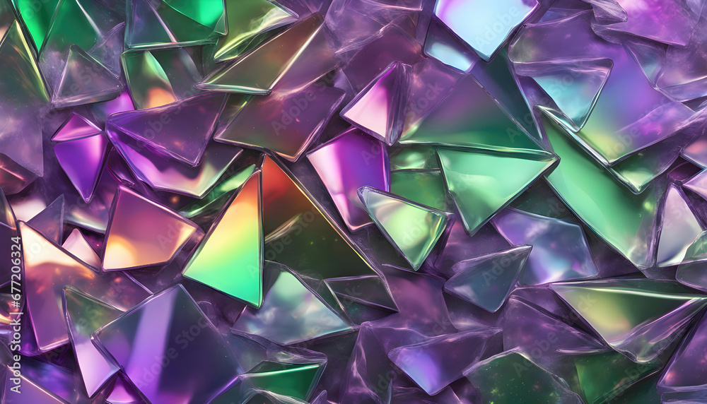 Holographic background with glass shards. Rainbow reflexes in green and ...