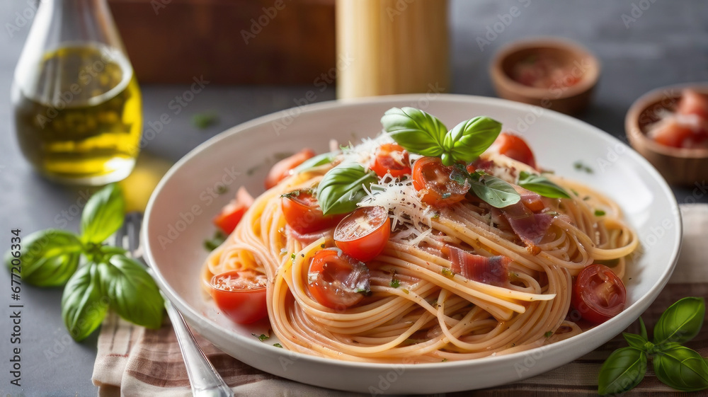 a plate of spaghetti pasta is beautifully arranged with a medley of colorful vegetables, succulent Mediterranean meat, and aromatic herbs, capturing the essence of a delicious Italian lunch a plate of spaghetti pasta is beautifully arranged with a medley of colorful vegetables, succulent Mediterranean meat, and aromatic herbs, capturing the essence of a delicious Italian lunch