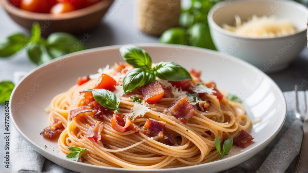 a plate of spaghetti pasta is beautifully arranged with a medley of colorful vegetables, succulent Mediterranean meat, and aromatic herbs, capturing the essence of a delicious Italian lunch a plate of spaghetti pasta is beautifully arranged with a medley of colorful vegetables, succulent Mediterranean meat, and aromatic herbs, capturing the essence of a delicious Italian lunch