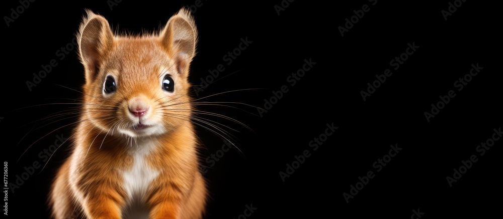 The cute young red pet mammal with brown fur is posing for a portrait on a white background isolated from the black color of the wildlife