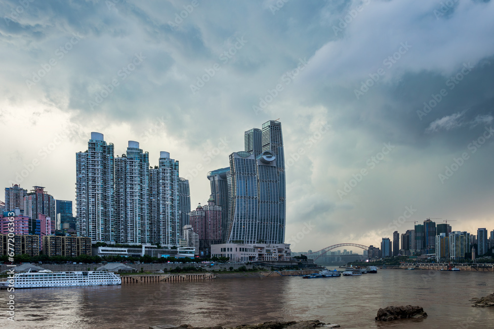 Fototapeta premium Chongqing city skyline landscape during storm