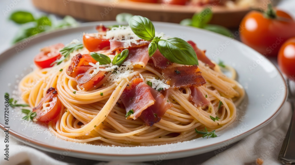 a plate of spaghetti pasta is beautifully arranged with a medley of colorful vegetables, succulent Mediterranean meat, and aromatic herbs, capturing the essence of a delicious Italian lunch a plate of spaghetti pasta is beautifully arranged with a medley of colorful vegetables, succulent Mediterranean meat, and aromatic herbs, capturing the essence of a delicious Italian lunch