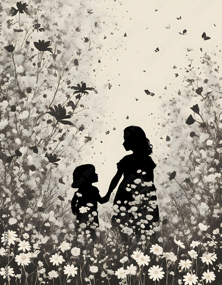 Monochrome silhouette of a woman and a child in a flower field, background made of flowers.